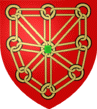 De gueules aux chaînes d'or posées en orle, en croix et en sautoir, chargées en cœur d'une émeraude au naturel