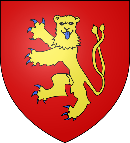 De gueules au lopard lionn d'or, arm et lampass d'Azur, la queue fourche et pass en sautoir