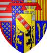 Coup et parti en 3, au 1er fasc de gueules et d'argent, au 2e d'azur sem de lys d'or, au lambel de gueules, au 3e d'argent  la croix potence d'or, cantonne de quatre croisettes du mme, au 4e d'or aux quatre pals de gueules au 5e parti d'azur sem de lys d'or et  la bordure de gueules, au 6e d'azur au lion contourn d'or, arm, lampass et couronn de gueules, au 7e d'or au lion de sable arm et lampass de gueules, au 8e d'azur sem de croisettes d'or et aux deux bar d'or. Sur le tout d'or  la bande de gueules charg de trois alrions d'argent le tout bris d'un lambel de gueules